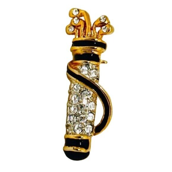 Vintage Gold Tone Small Golf Bag Brooch Pin - Enameled w/Crystals - Picture 1 of 4